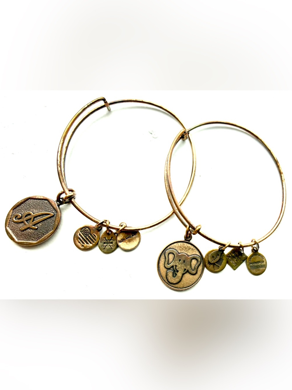 ALEX & ANI Gold Tone Charm Bangle Bracelet Set - Elephant & “A” Initial Charms
